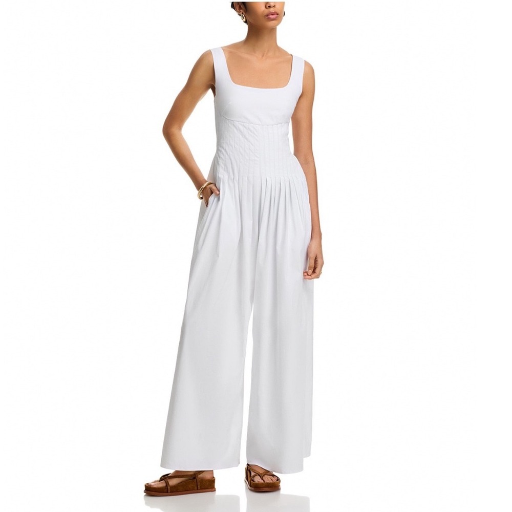 Line & Dot Abbott Poplin Pleated Jumpsuit White Wide Leg Scoop Neck Medium